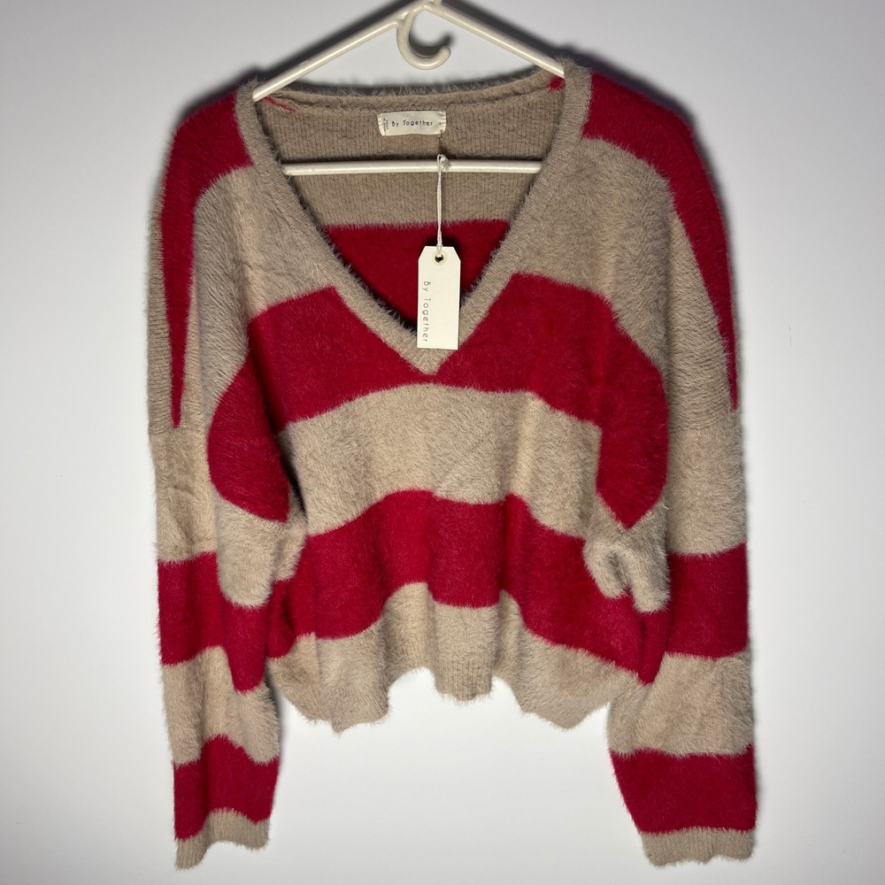 By Together Red Tan Striped Fuzzy Eyelash Knit V-Neck Sweater Large W1708